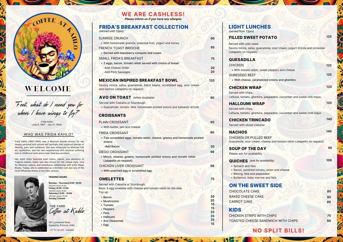 A colorful restaurant menu featuring breakfast items, light lunches, and desserts with a vibrant floral border and portrait illustrations