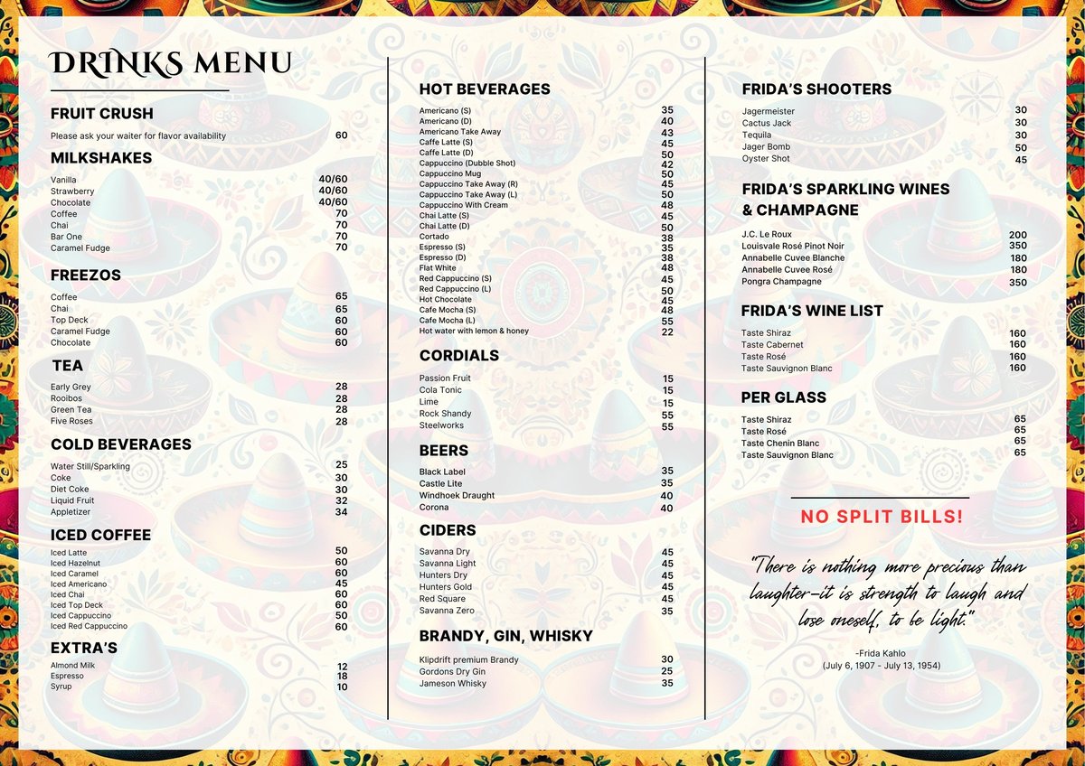 Drinks menu featuring fruit crushes, milkshakes, hot and cold beverages, beers, ciders, wines, and spirits with colorful border design